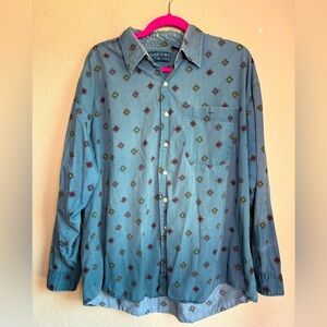 Vintage Loafers Chambray Denim Southwestern Geometric Print Button Down XL
